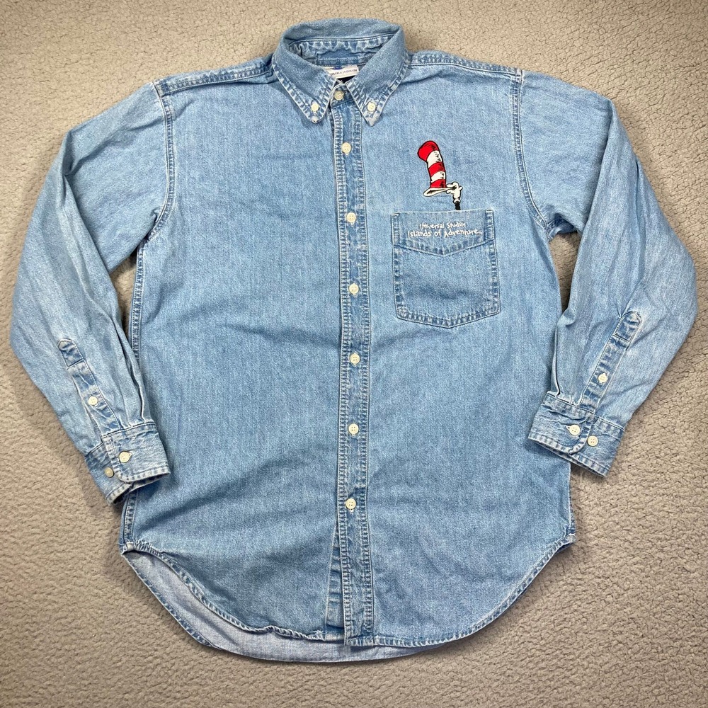 VTG Universal Studios Shirt Men's Medium Blue Denim Cat In Hat Islands Adventure